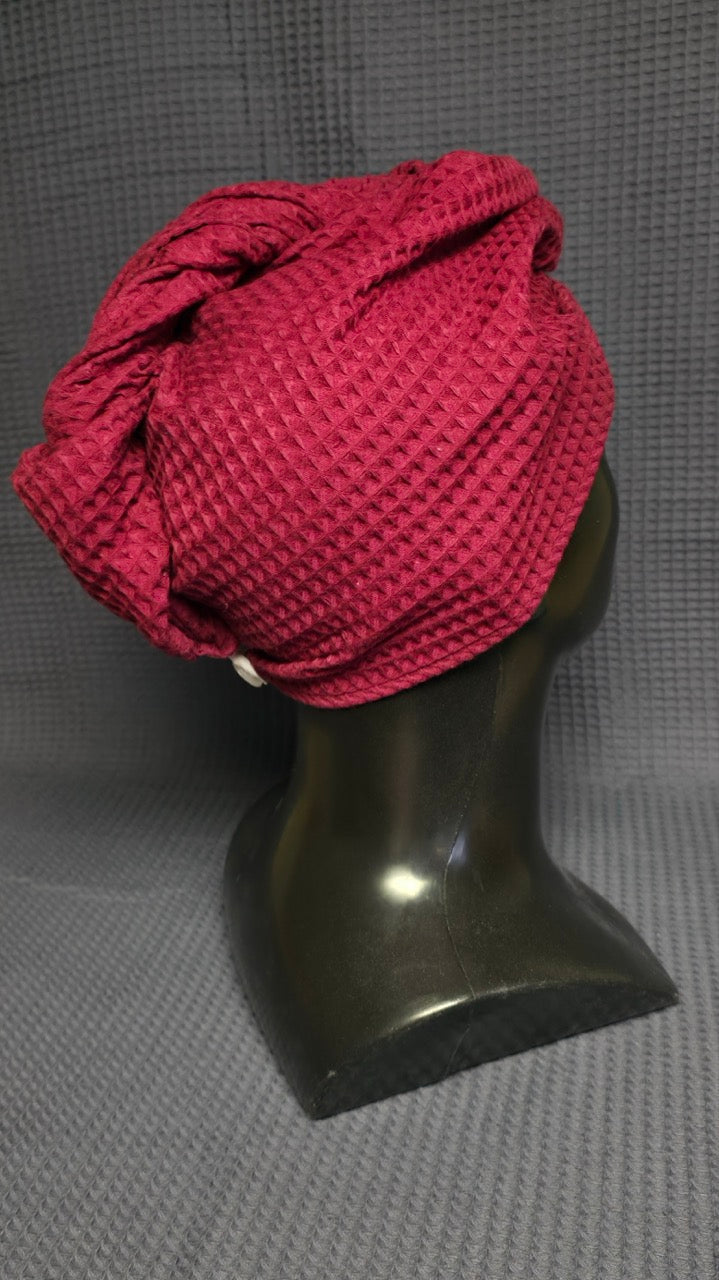 Juukserätik turban nööpidega vahvelkoeline / burgundiapunane