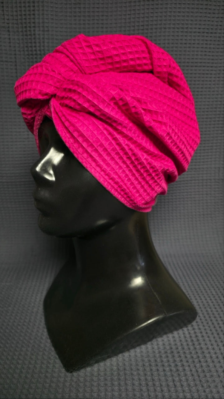 Plaukų rankšluostis Turbanas su sagomis, vafliniu pynimu / rožinė