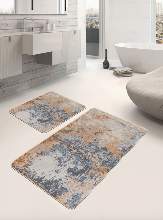 Blue Beige Rustic Look Mat 2 Pieces Bath Mat Set