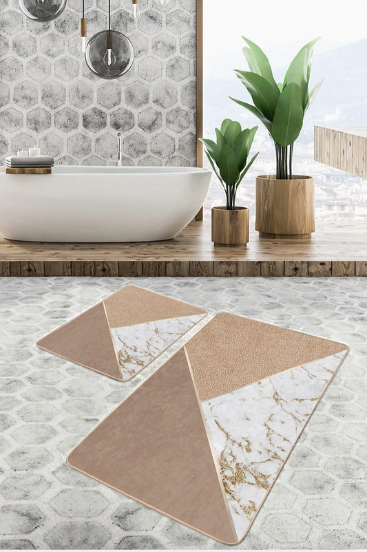 Modern Geometric Gold Beige - 2 Piece Bath Mat Set