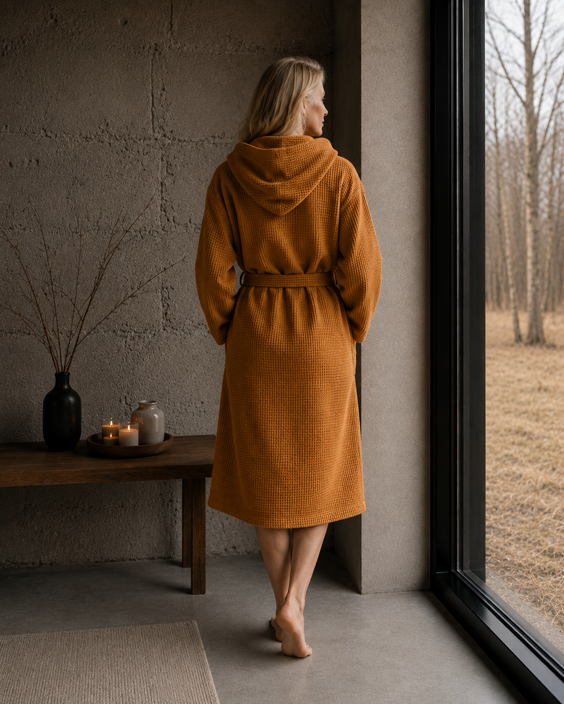 Waffle Fabric Bathrobe / MUSTARD