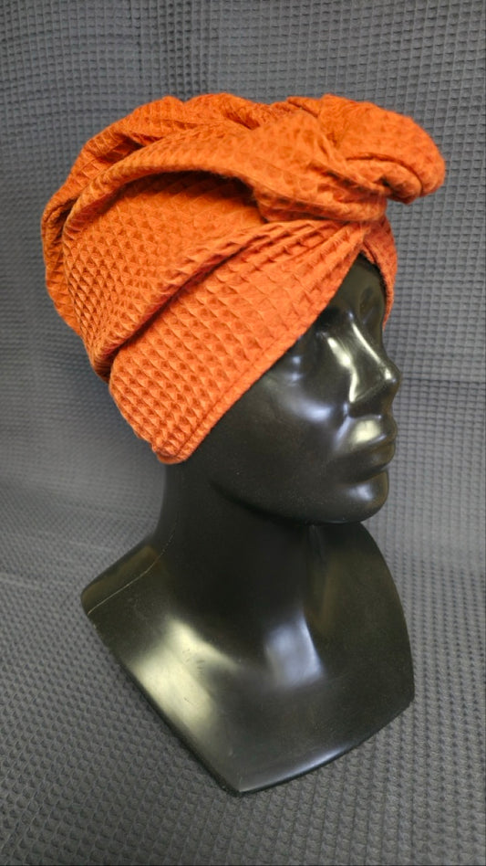 Plaukų rankšluostis Turbanas su sagomis, vafliniu pynimu / plytų raudonumo