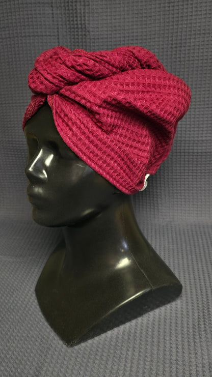 Juukserätik turban nööpidega vahvelkoeline / burgundiapunane