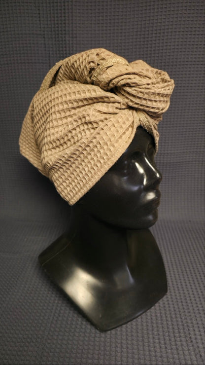 Juukserätik turban nööpidega vahvelkoeline / helepruun