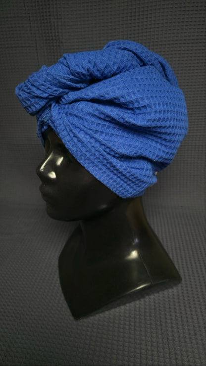 Полотенце для волос, тюрбан с пуговицами, вафельное / васильково-синий