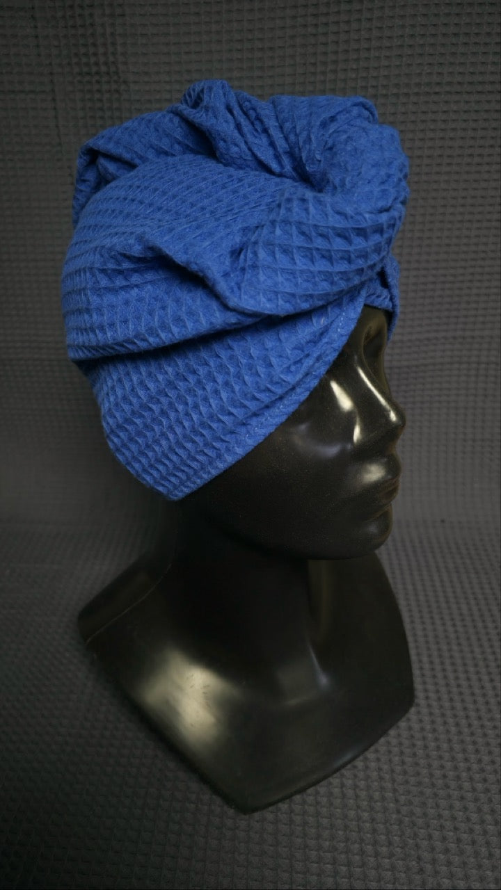 Полотенце для волос, тюрбан с пуговицами, вафельное / васильково-синий