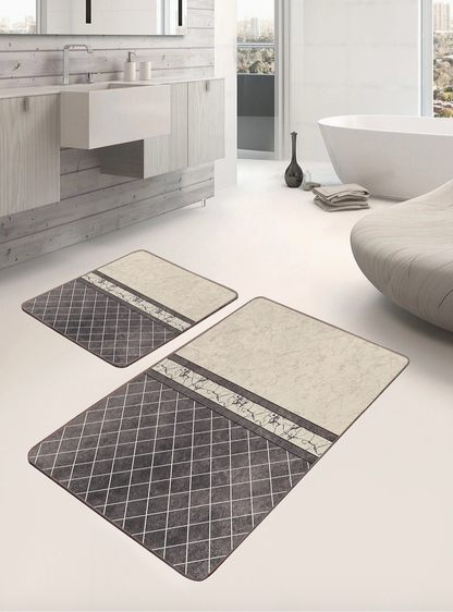 Cream Marble Geometric Anti-Slip 2-Piece Bath Mat Set