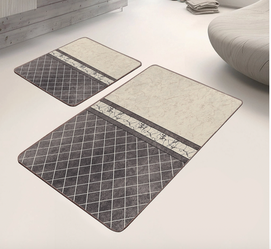 Cream Marble Geometric Anti-Slip 2-Piece Bath Mat Set