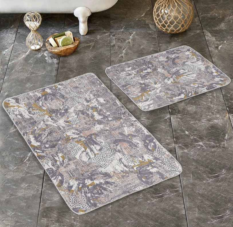 Gray Vintage Design Bath Mat Set-Elegant Beige Bathroom Rug
