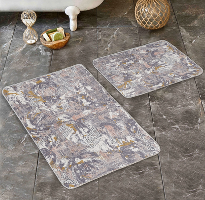 Gray Vintage Design Bath Mat Set-Elegant Beige Bathroom Rug