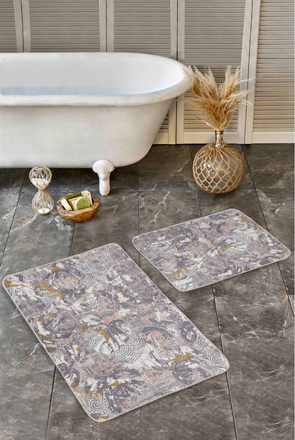 Gray Vintage Design Bath Mat Set-Elegant Beige Bathroom Rug