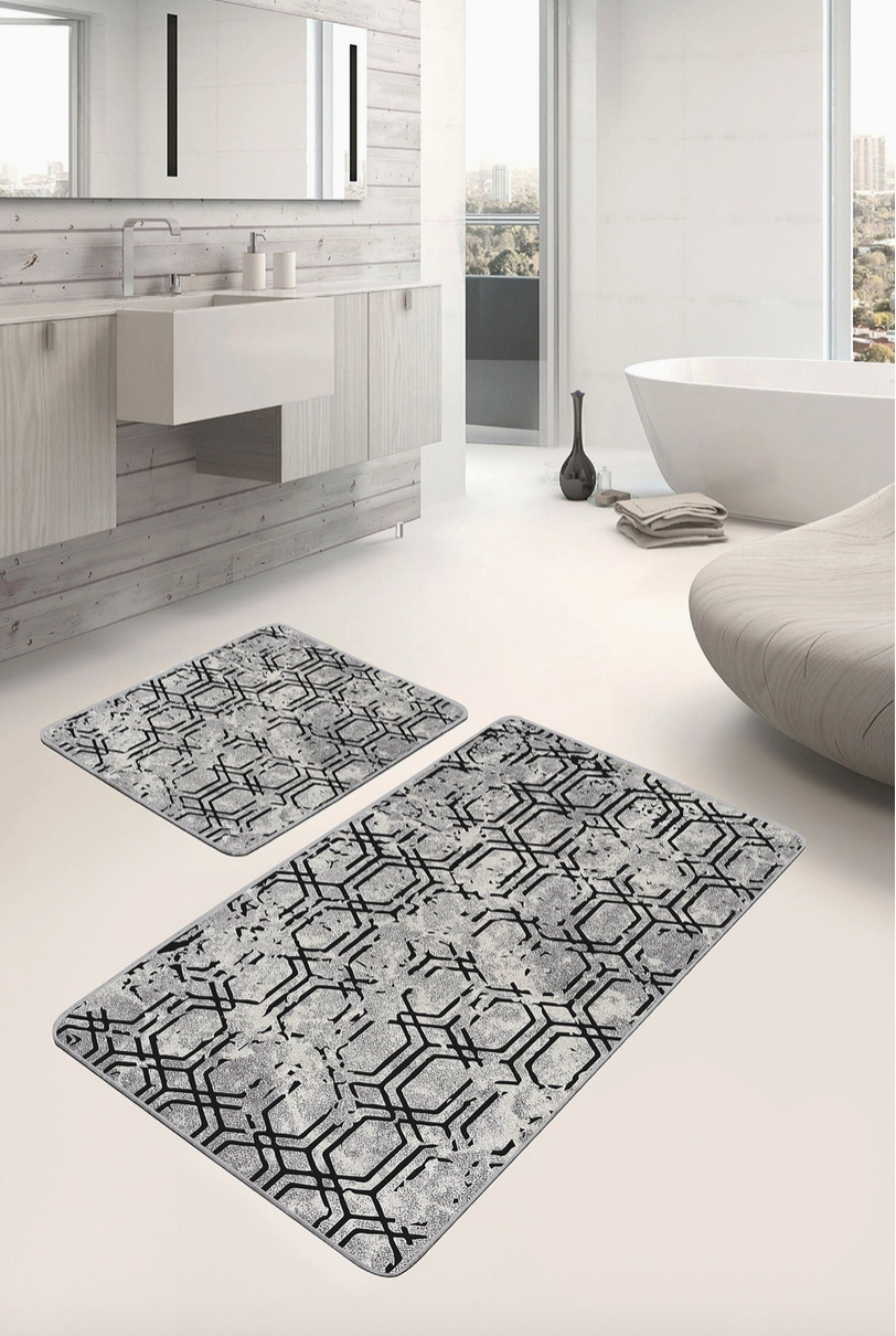 Hexagon Motif Gray Bath Mat Set-Washable Bathroom Rug