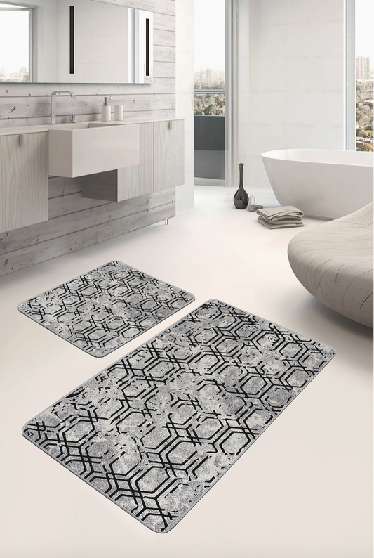 Hexagon Motif Gray Bath Mat Set-Washable Bathroom Rug