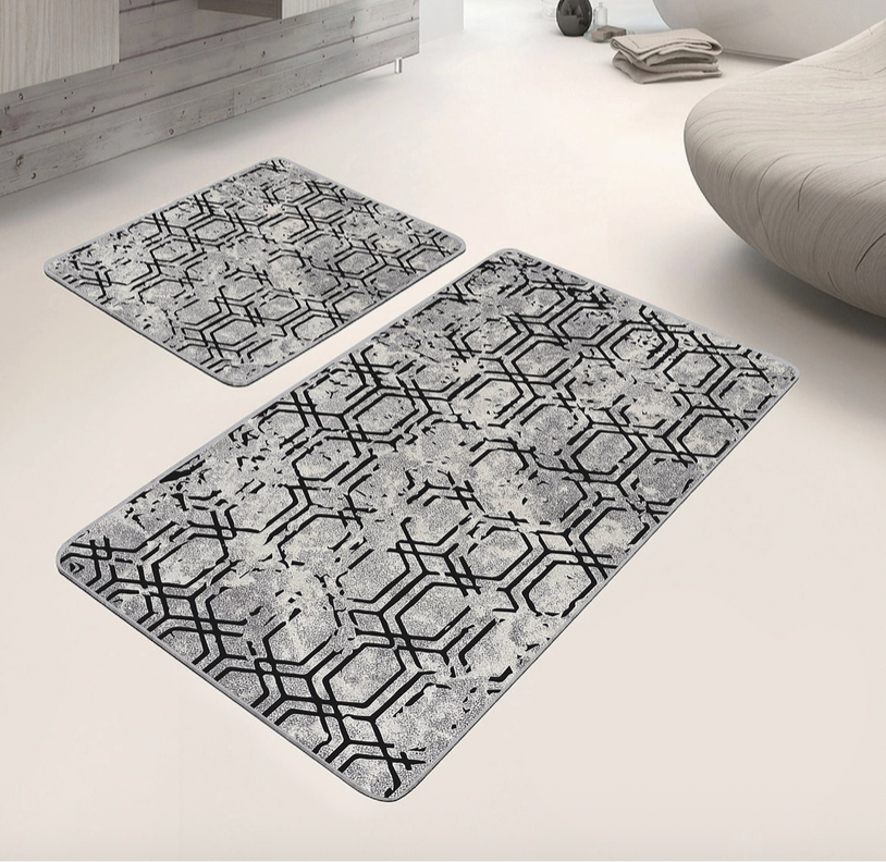 Hexagon Motif Gray Bath Mat Set-Washable Bathroom Rug