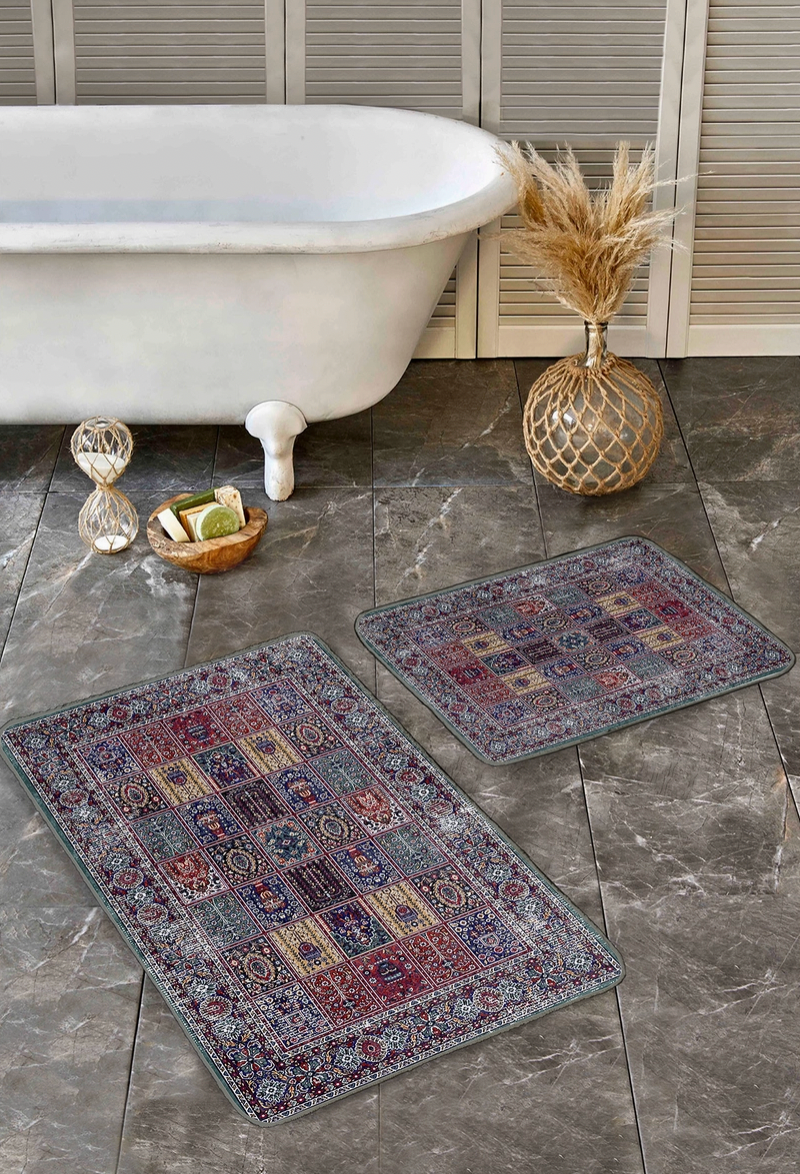 Red Blue Motif Intricate Tile Pattern 2 Piece Bath Mat Set