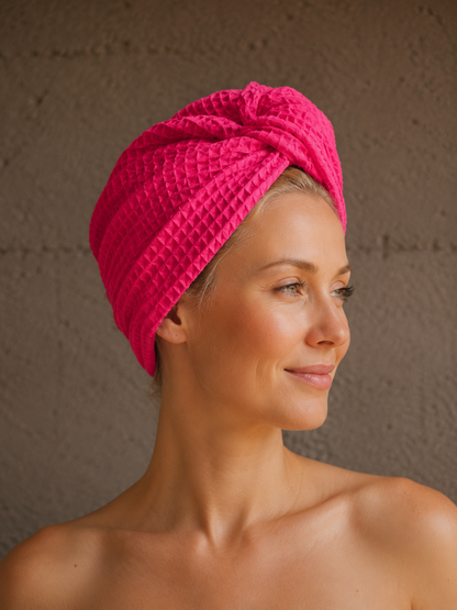 Plaukų rankšluostis Turbanas su sagomis, vafliniu pynimu / rožinė