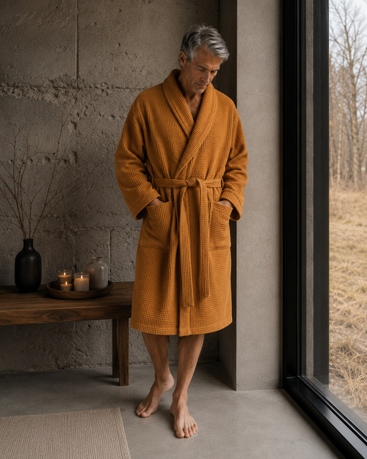 Waffle Fabric Bathrobe / MUSTARD